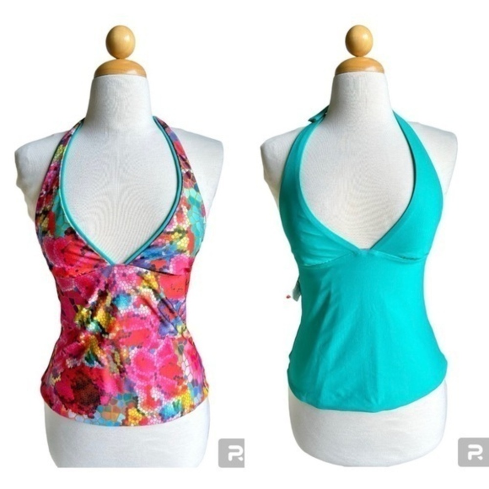 Becca teal and multicolored mosaic halter tankini swim top large